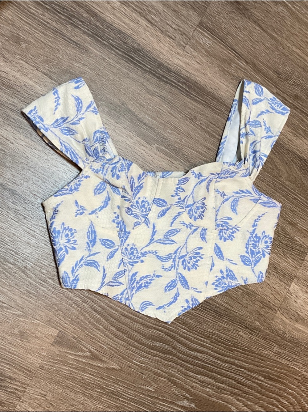 Floral Blue and Cream Square Neck Crop Top